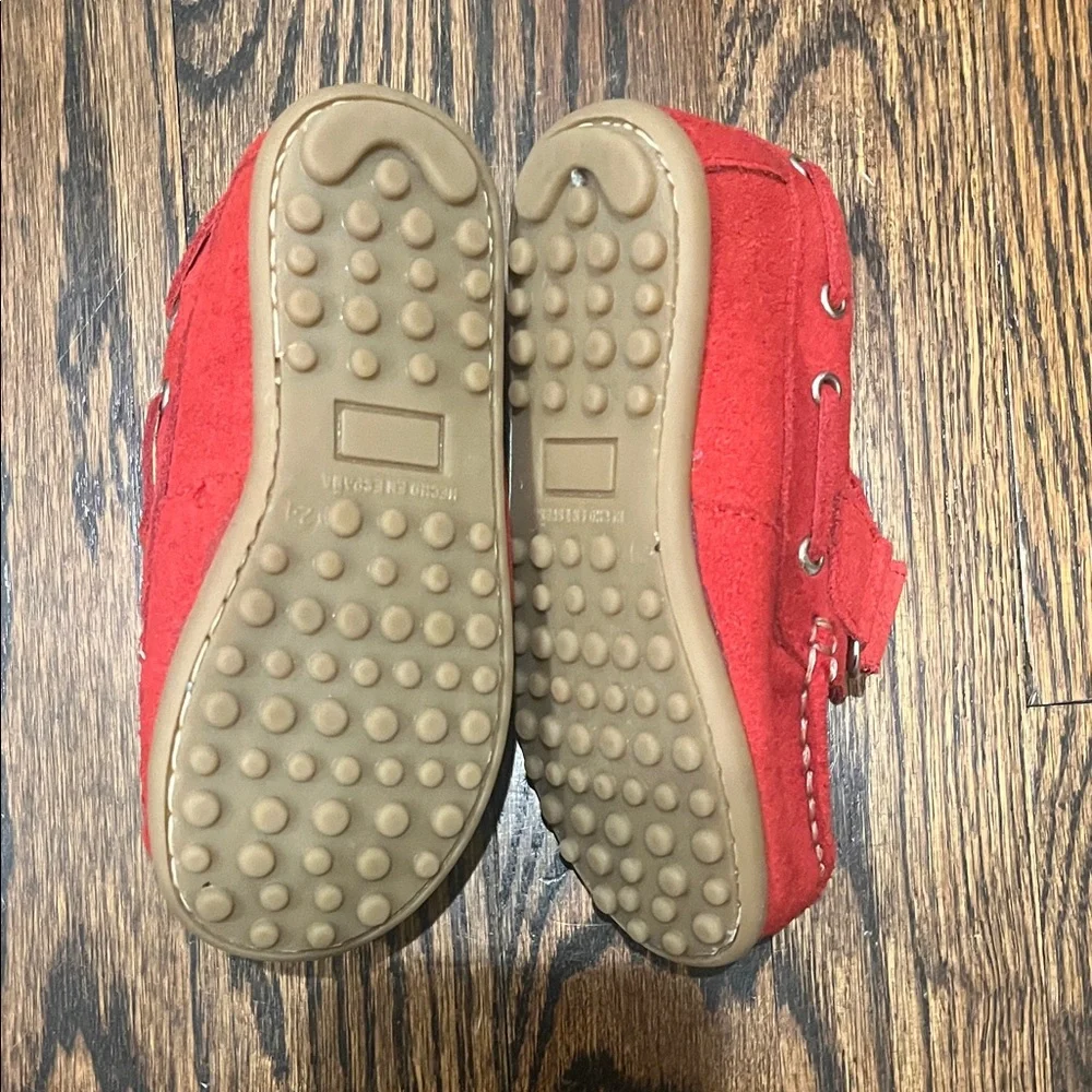 Red Suede Kids Moccasins with Hook-and-Loop Strap